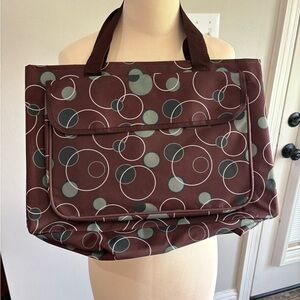 Brown with green circles geometric patterned open tote side mesh pockets GUC